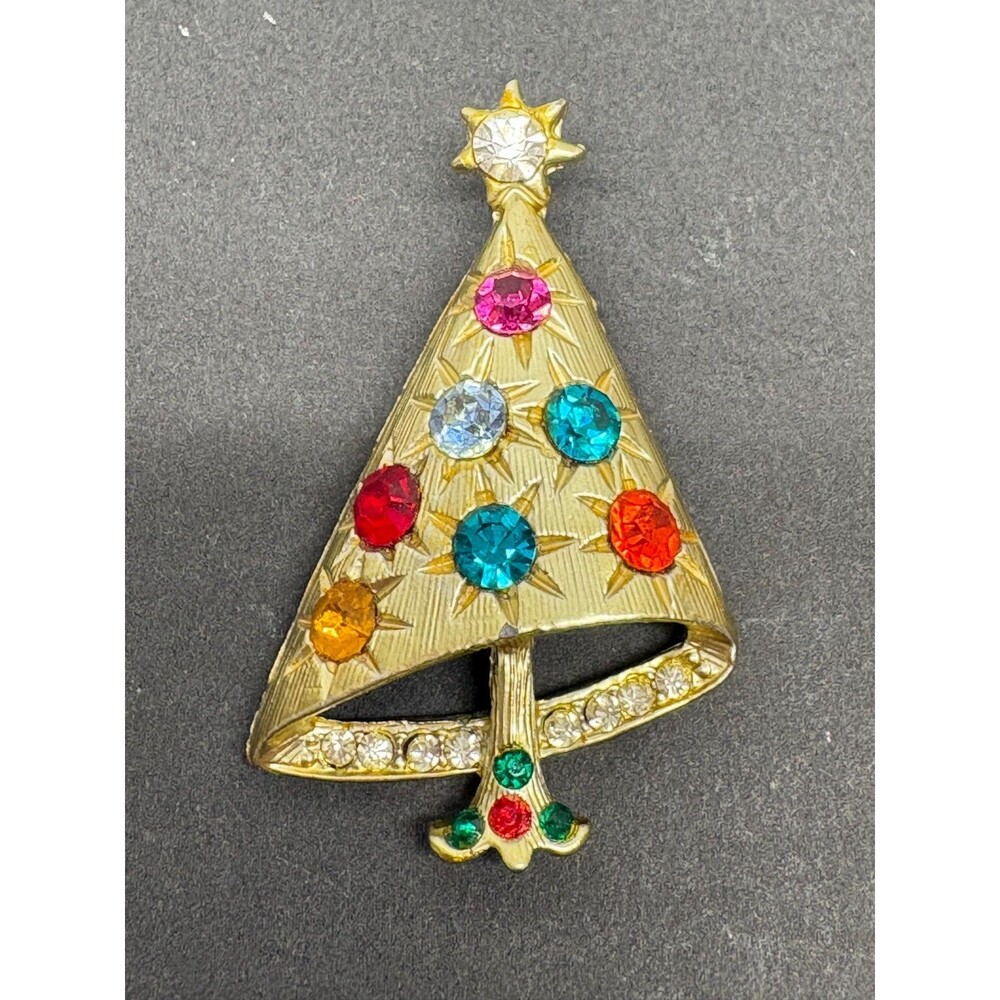 Vtg Unbranded Gold Tone Christmas Tree Pin Brooch With Multy Colored Rhine Stone